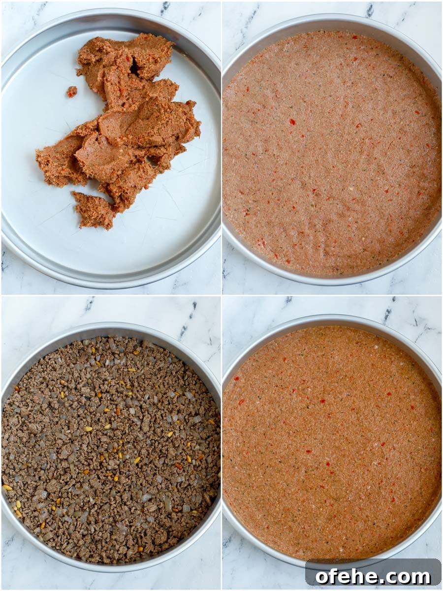 Lebanese Kibbeh Bil Sanieh: Baked Kibbeh Recipe from Lebanon 11 photo showing steps on how to assemble the kibbeh