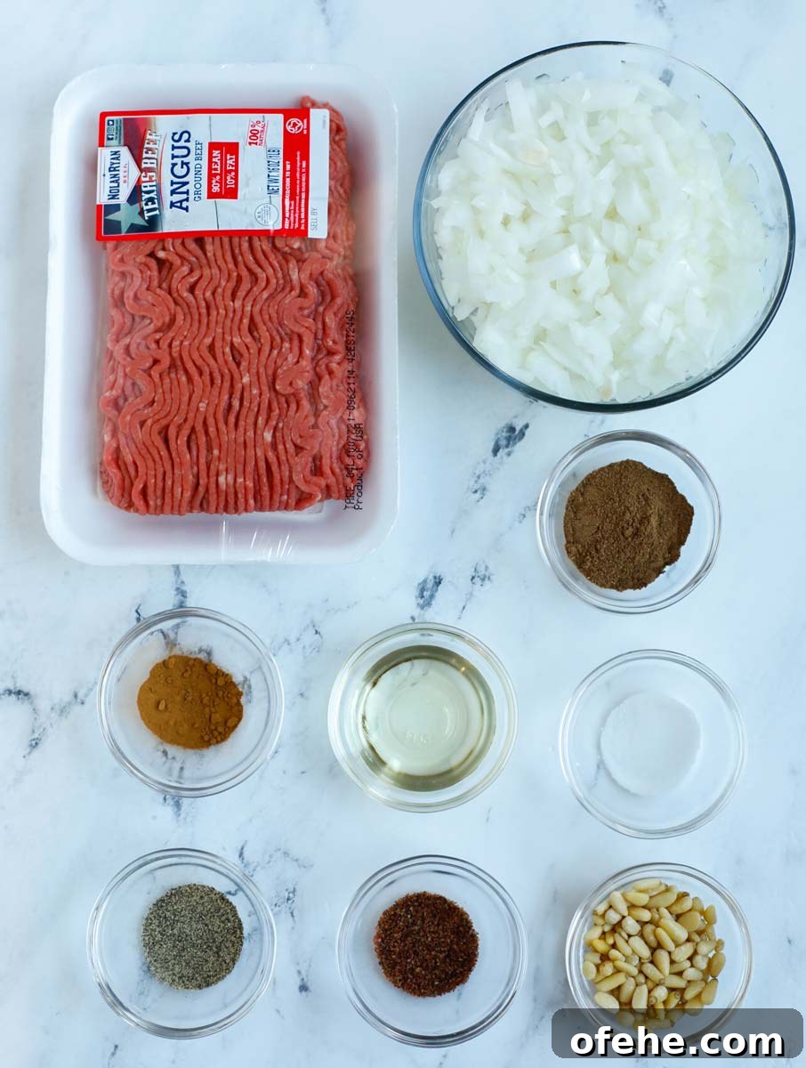Lebanese Kibbeh Bil Sanieh: Baked Kibbeh Recipe from Lebanon 7 spiced beef ingredients laid out