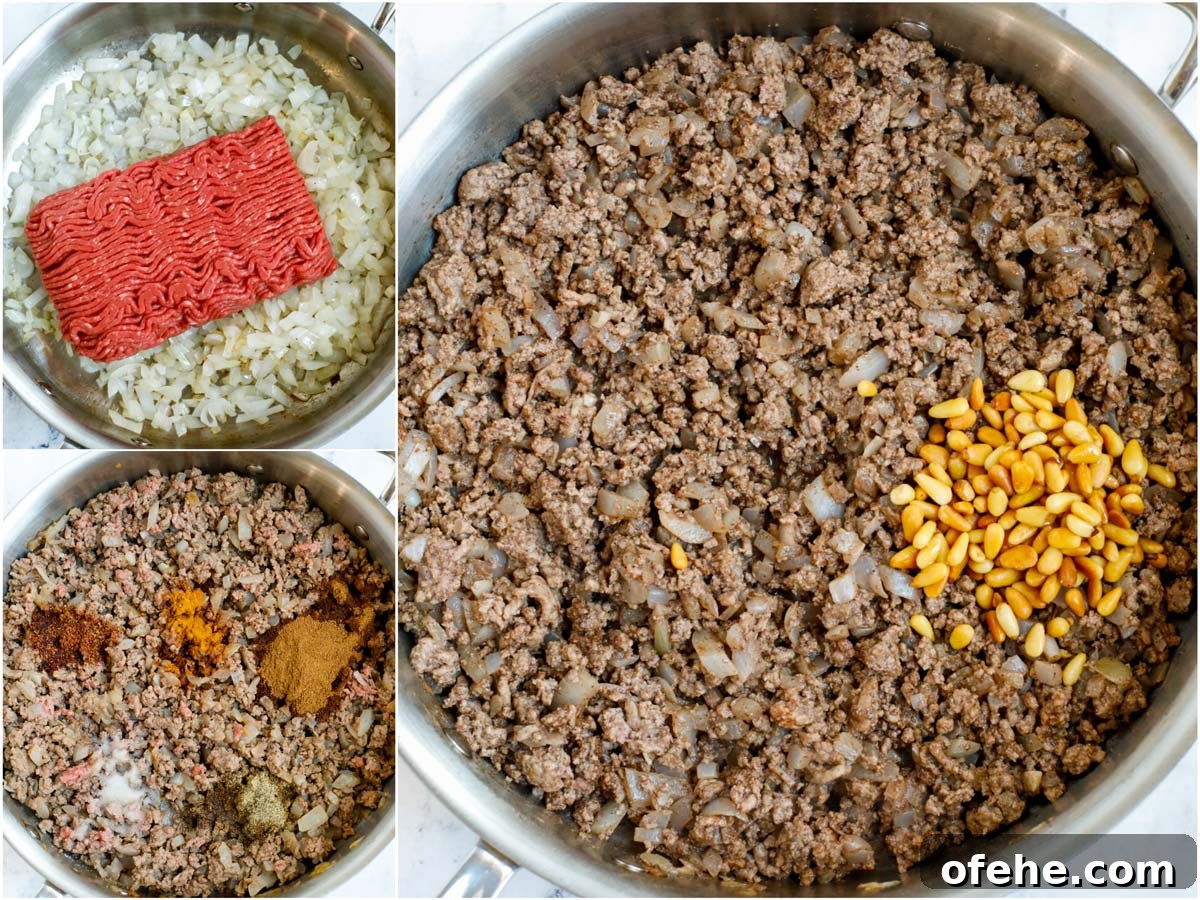 Lebanese Kibbeh Bil Sanieh: Baked Kibbeh Recipe from Lebanon 8 spiced beef filling in a skillet