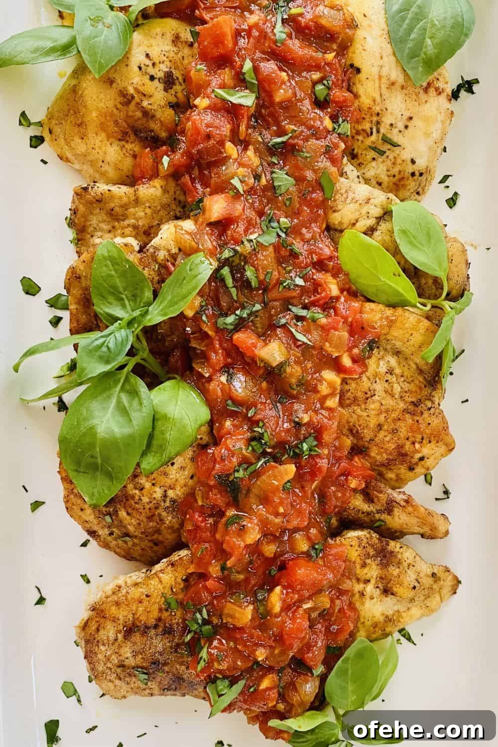 Butter-Sautéed Chicken Breast with Tomato, Wine & Basil Sauce 8 butter sauteed chicken topped with sauce