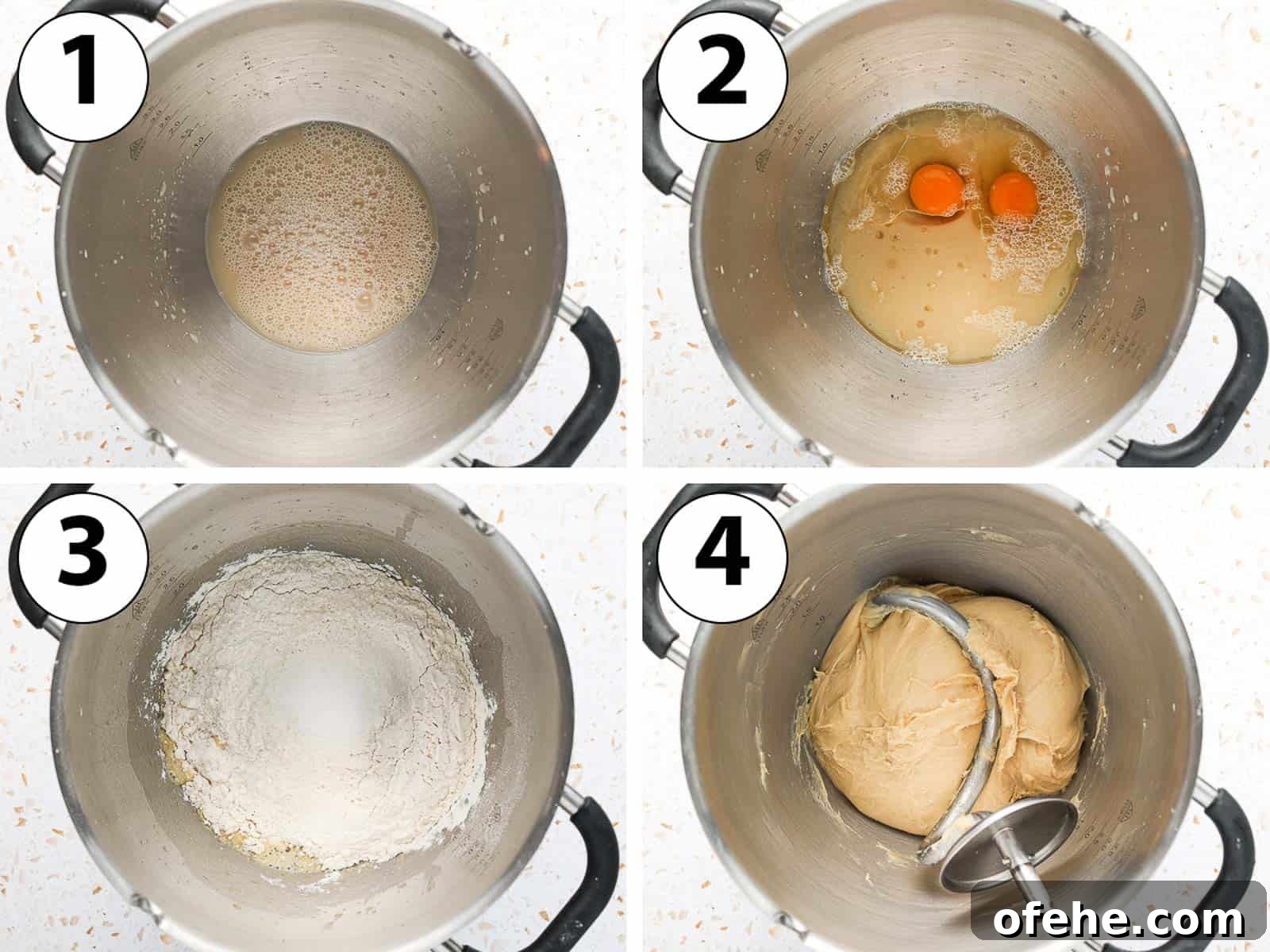 Soft and Fluffy Challah Dinner Rolls: Perfect for Any Meal 4 Process Shot Collage: mixing the ingredients in the bowl of the stand mixer.