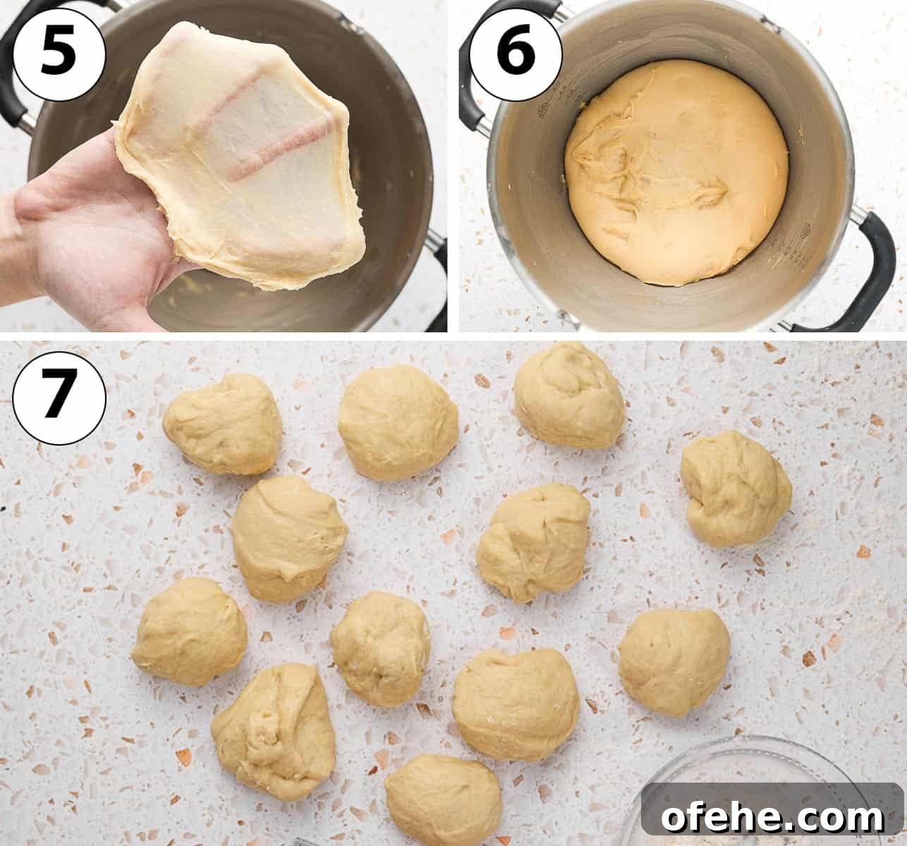 Soft and Fluffy Challah Dinner Rolls: Perfect for Any Meal 5 Process Shot Collage: kneading and proofing the dough, then cutting it in 12 pieces.