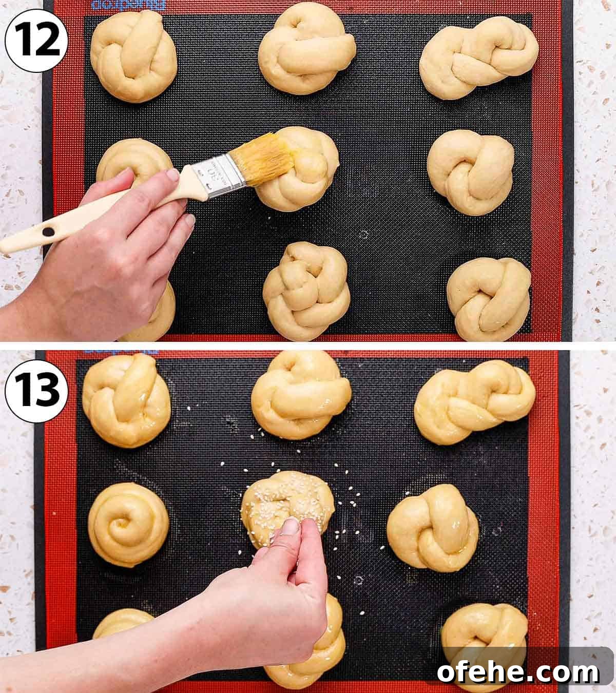 Soft and Fluffy Challah Dinner Rolls: Perfect for Any Meal 8 Process Shot Collage: brushing the rolls with egg wash and topping them with sesame seeds.
