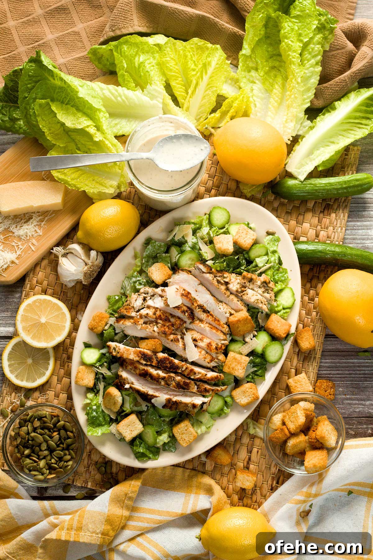 Lemon Chicken Caesar Salad with Cottage Cheese Twist 8 Lemon garlic chicken caesar salad on a platter.