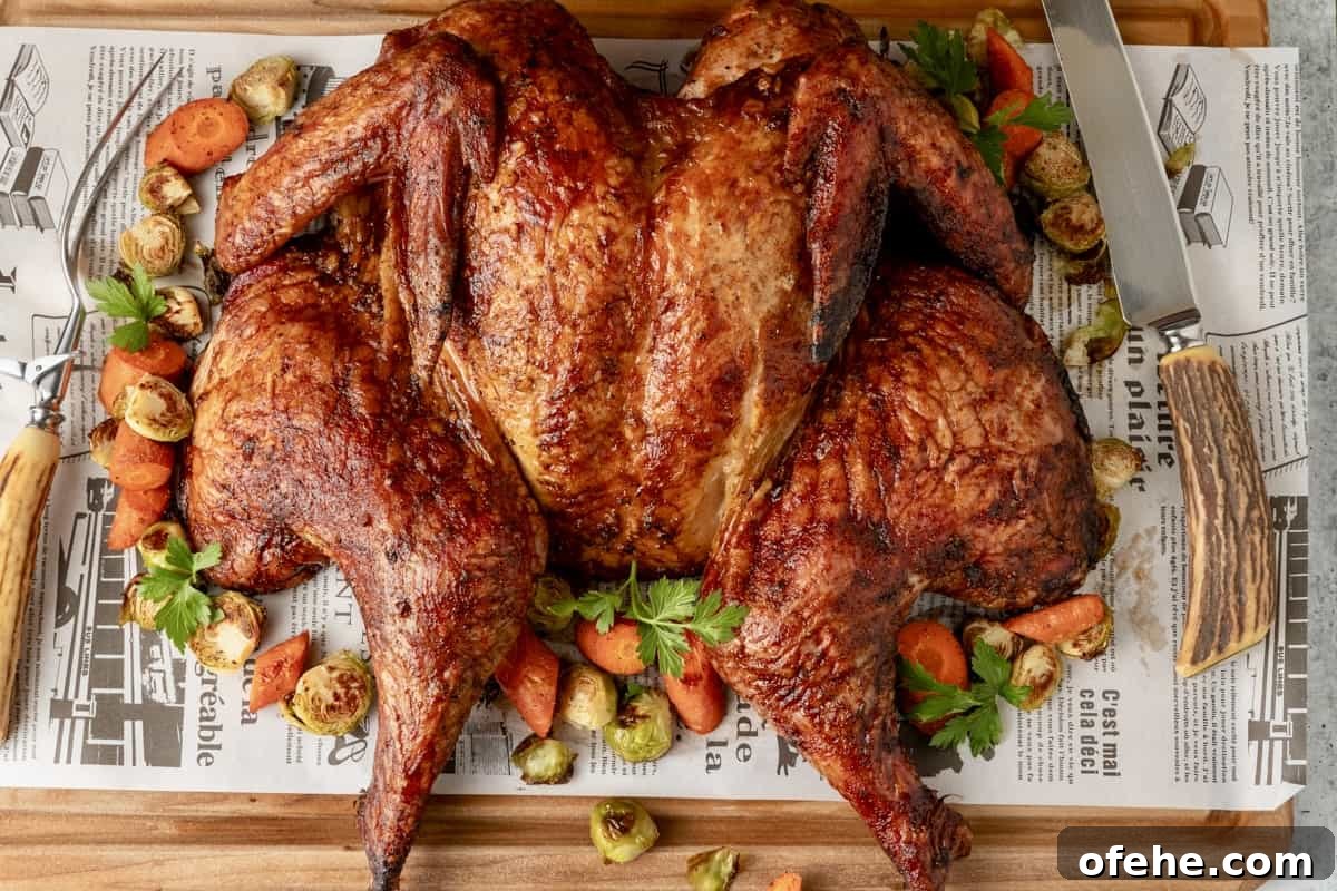 Sriracha-Glazed Smoked Spatchcock Turkey Recipe 10 Spatchcock smoked turkey on cutting board atop butcher paper with vegetables and a carving knife and fork surrounding bird.