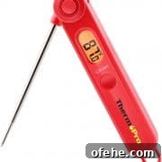 Sriracha-Glazed Smoked Spatchcock Turkey Recipe 13 Red Meat Thermometer with digital read out with temperature.