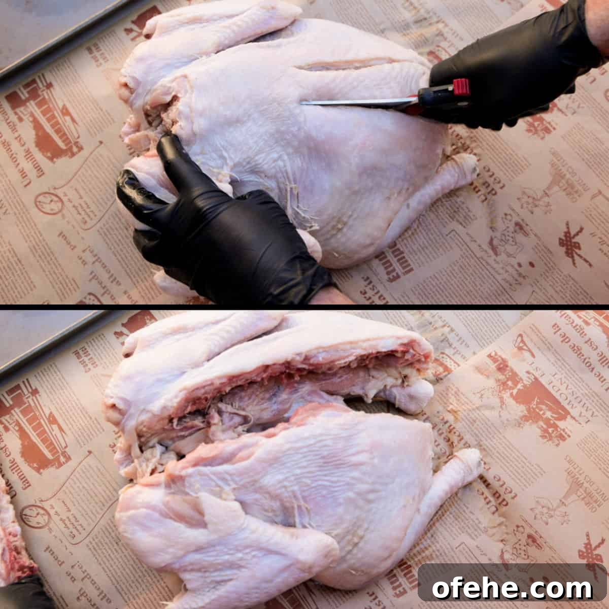 Sriracha-Glazed Smoked Spatchcock Turkey Recipe 4 Cutting the backbone from a turkey with kitchen shears and a turkey with backbone completely removed.