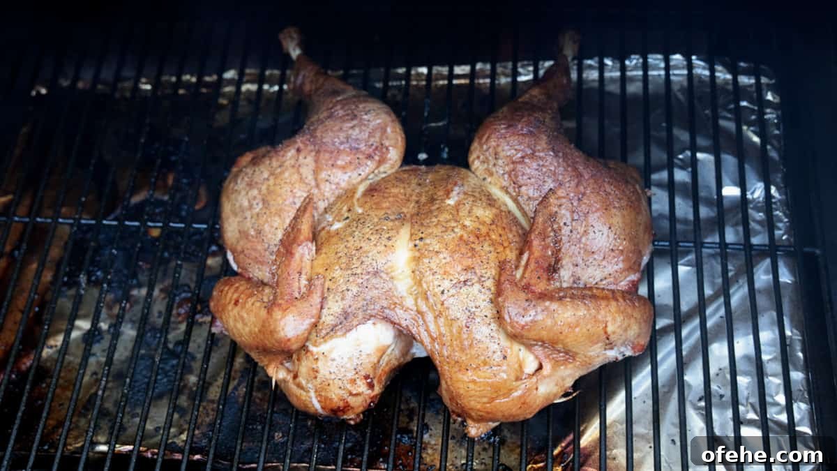 Sriracha-Glazed Smoked Spatchcock Turkey Recipe 7 Turkey being cooked on smoker laying directly on grill grates.