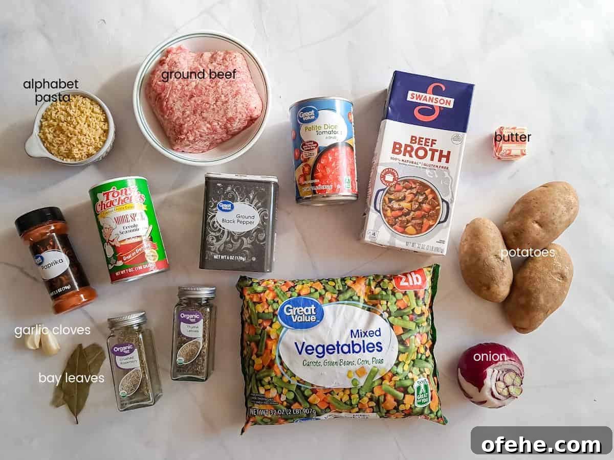 Authentic Amish Vegetable Beef Soup Recipe for Comforting Meals 2 Ingredients: Ground beef, beef broth, mixed vegetables, onion, garlic clove, potatoes, butter, diced tomatoes, alphabet pasta, and seasonings.