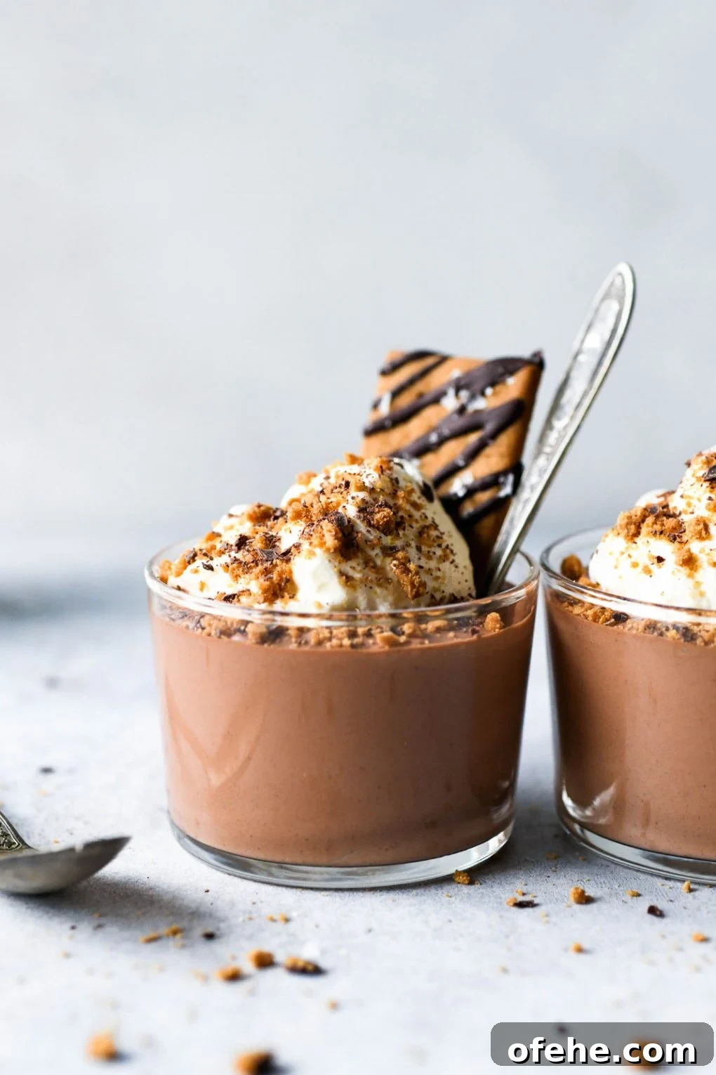 Close up shot of a single chocolate mousse cup topped with whipped cream, graham cracker crumbs, and a chocolate drizzled graham cracker topped with flaky sea salt. On a light colored background with a small silver spoon in the mousse.
