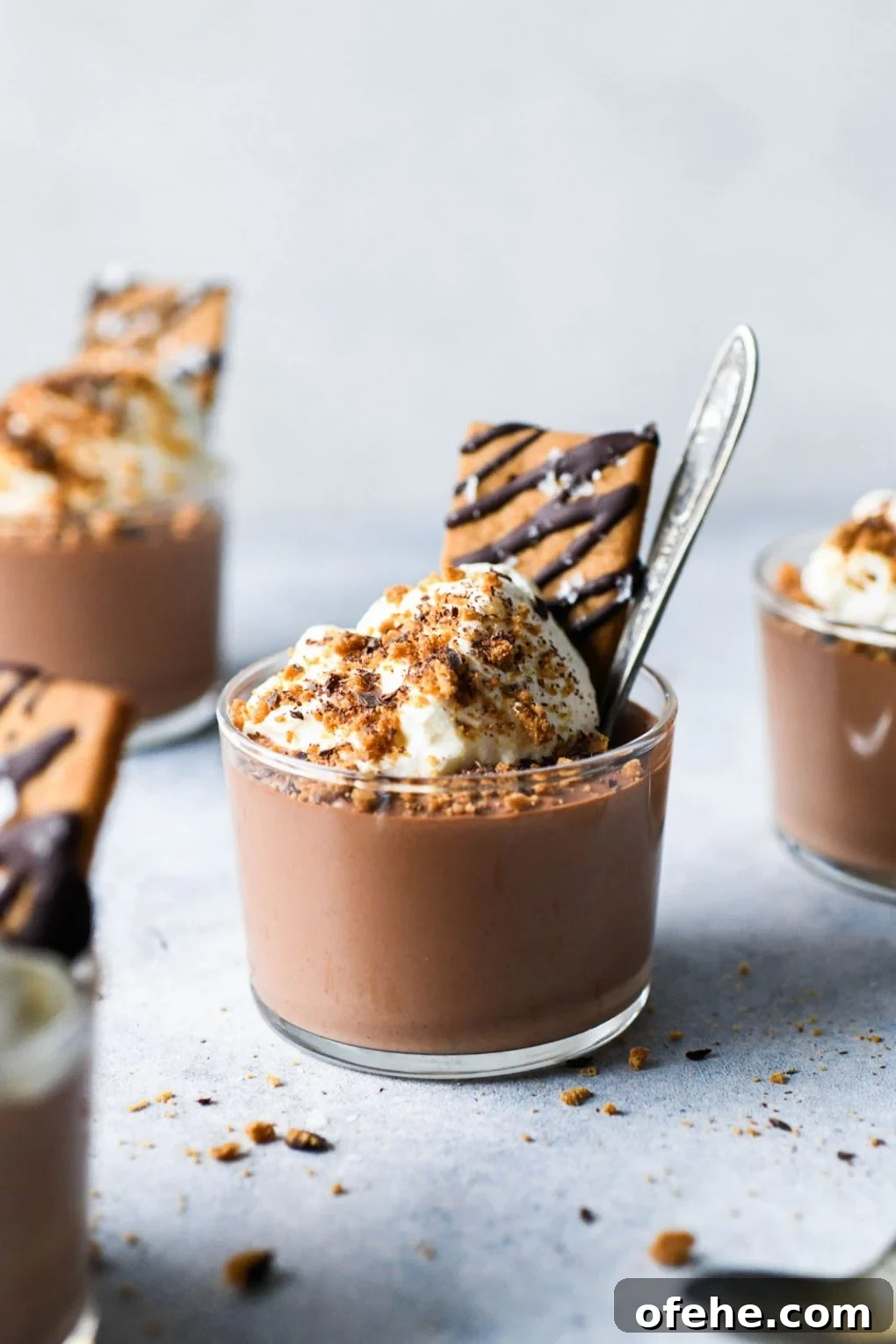 A straight on shot of a several staggered chocolate mousse cups topped with whipped cream, graham cracker crumbs, and a chocolate drizzled graham cracker topped with flaky sea salt. On a light colored background.