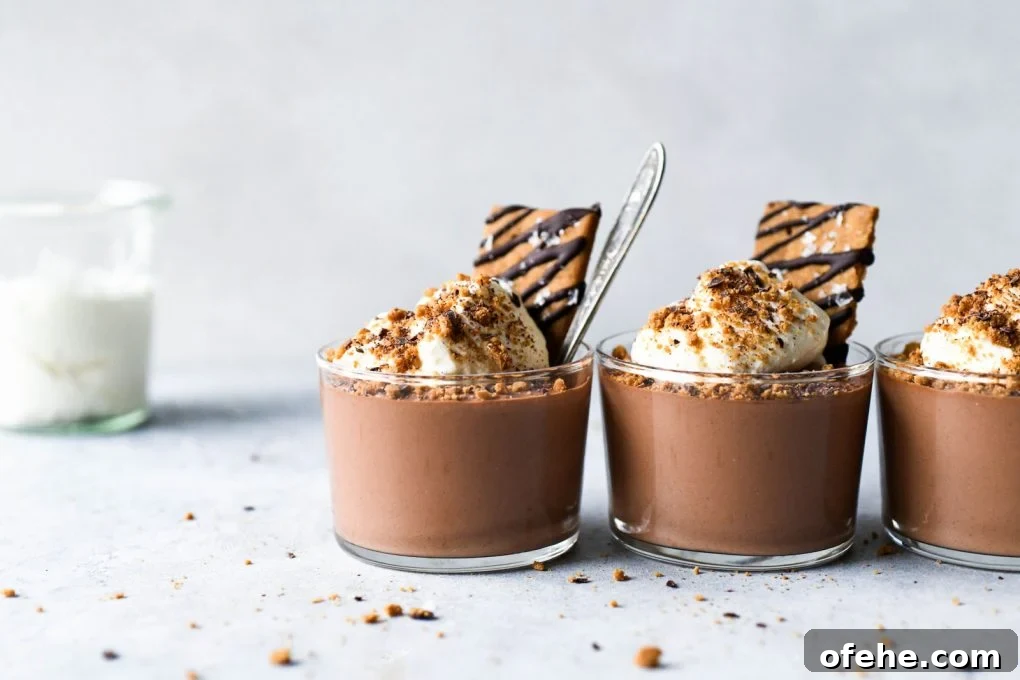 Straight on shot of three vegan mousse cups in a row on a light colored background topped with whipped cream and chocolate drizzled graham crackers. 