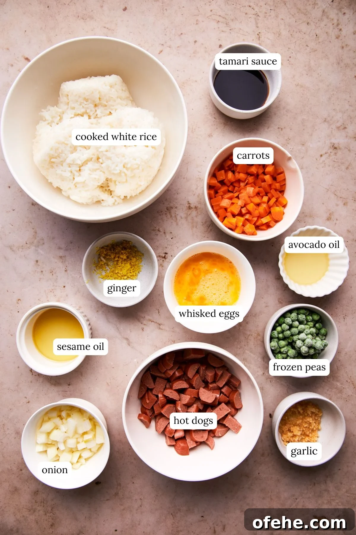 Hot Dog Fried Rice Recipe — Quick Weeknight Meal 3 ingredients for hot dog fried rice including white rice, hot dogs, and veggies