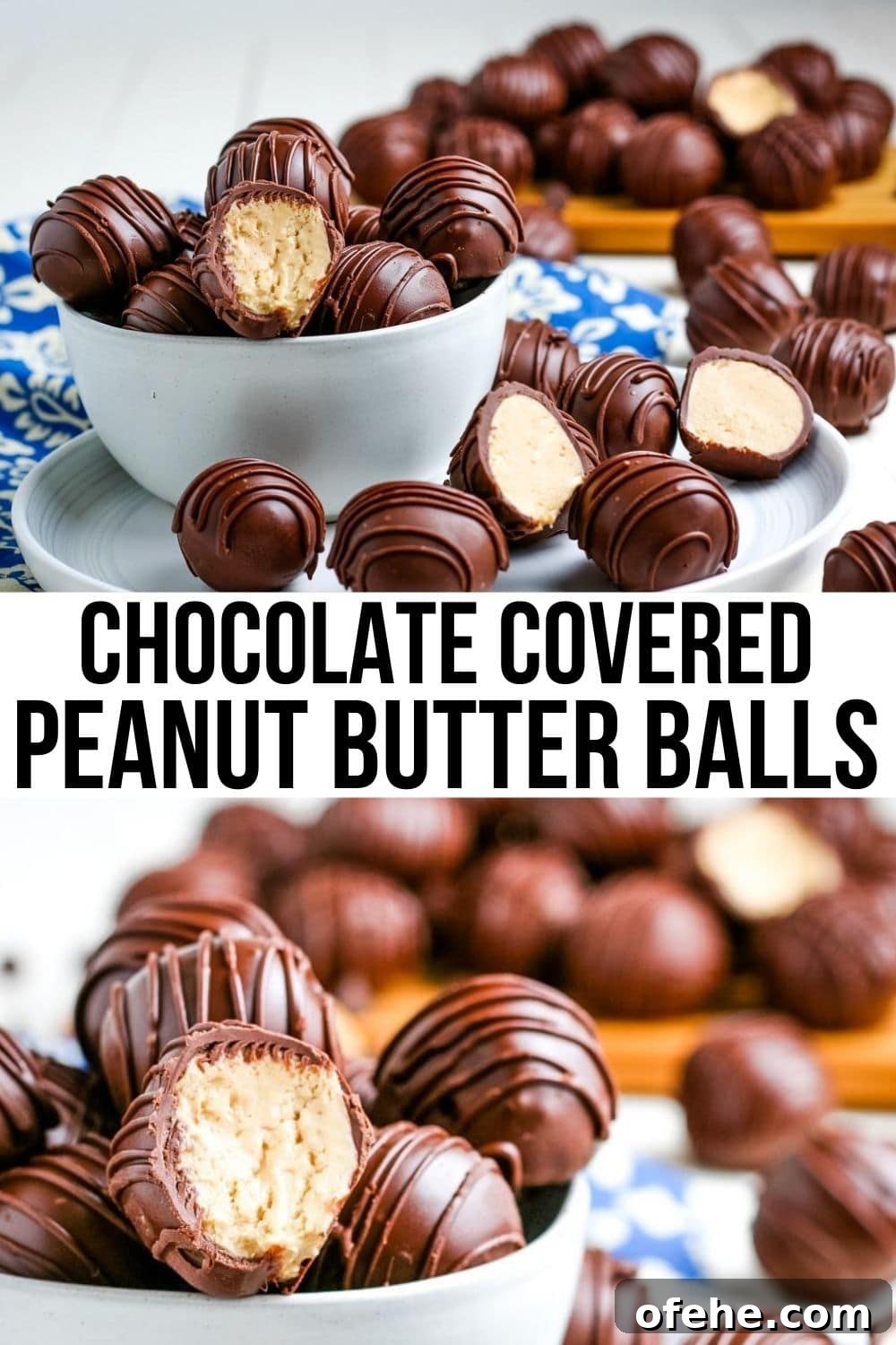 Classic Old-Fashioned Peanut Butter Balls Recipe 12 finished chocolate covered peanut butter balls in a white glass bowl.