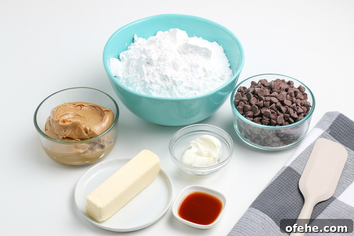 Classic Old-Fashioned Peanut Butter Balls Recipe 3 ingredients for chocolate covered peanut butter balls on a white counter top.