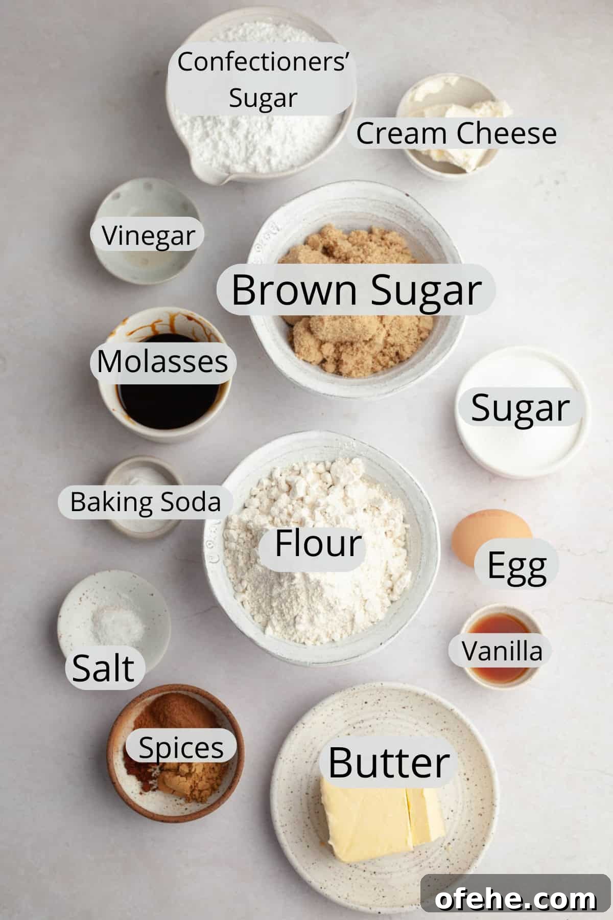 Soft Frosted Gingerbread Cookies with Cream Cheese Frosting Recipe 3 All the ingredients needed to make frosted gingerbread cookies, weighed out into small bowls.