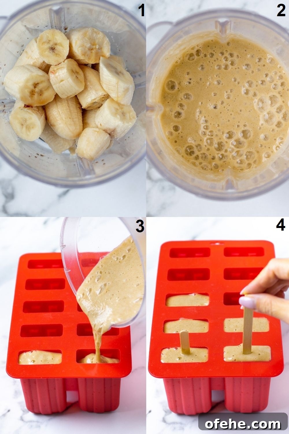 Homemade Banana Popsicles Recipe — Creamy Frozen Treats 4 Photo collage of four steps needed to make banana popsicles using a blender and a red popsicle mold