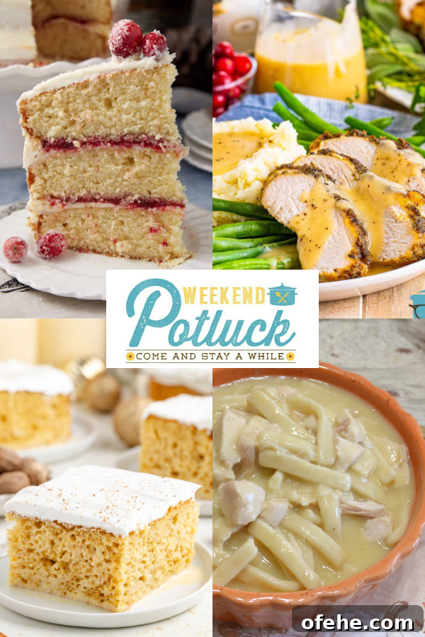 This is a four image collage showing a photo of each recipe featured this week — Homestyle Chicken & Noodles, Eggnog Tres Leches Cake, Christmas Cranberry Cake, and Crock Pot Turkey Breast with Gravy.