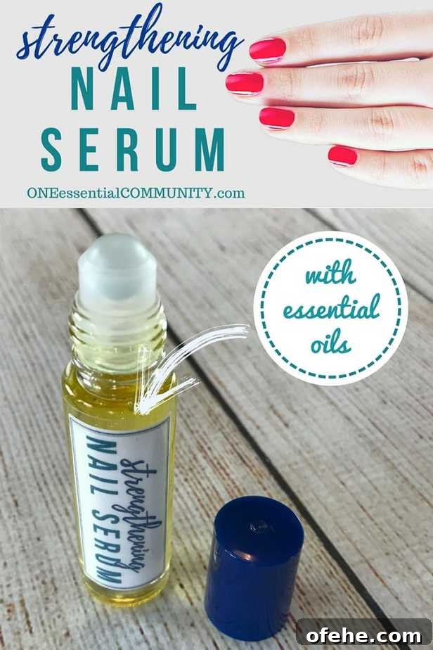 DIY essential oil nail serum for dry, weak, brittle fingernails. Nourishes, strengthens, stimulates healthy nail growth. And it restores moisture to make nails more flexible and resilient.