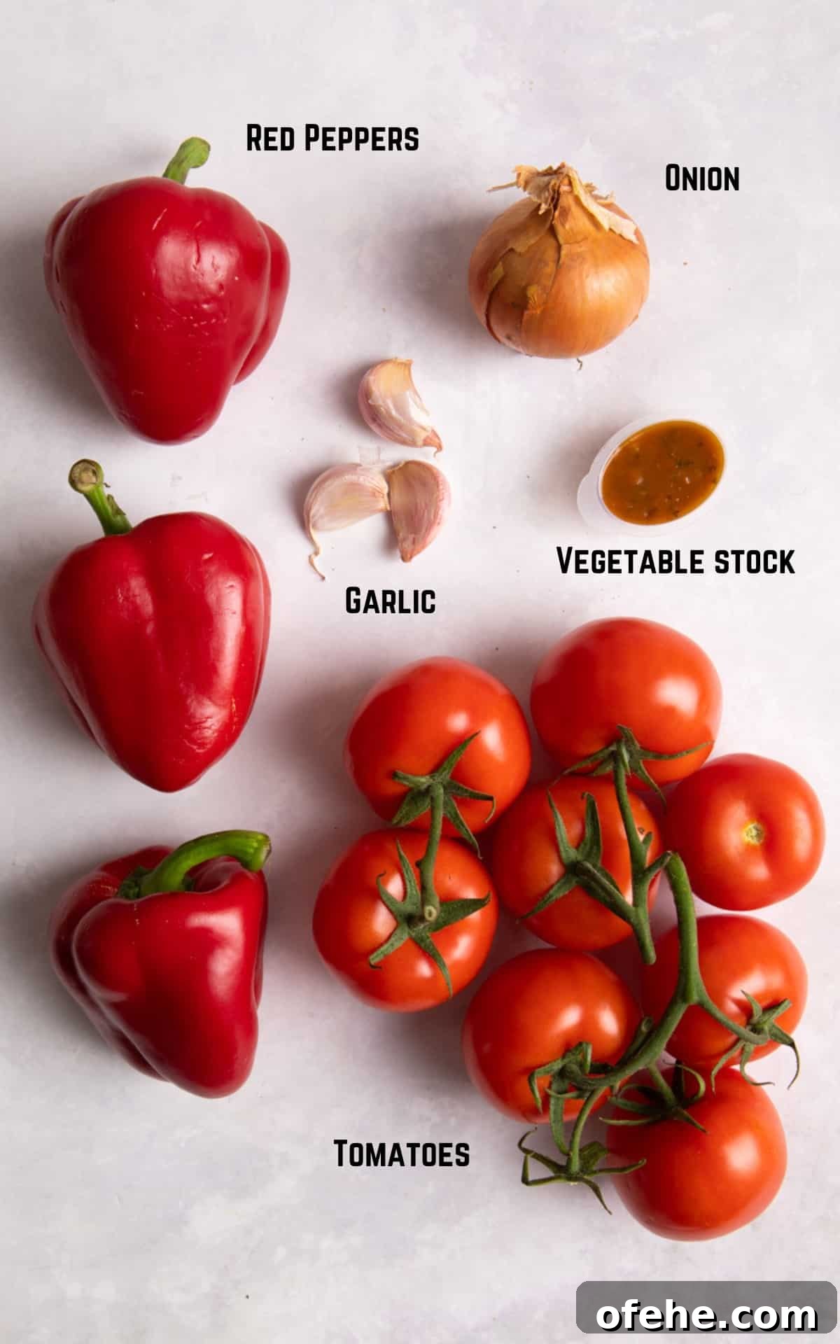 Roasted Red Pepper & Tomato Soup Recipe for Cozy Weeknights 3 Soup ingredients on a white background.