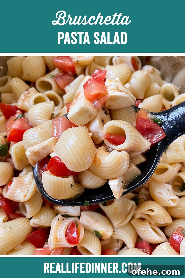 Tomato Basil Bruschetta Pasta Salad Recipe for Summer Meals 8 Pinterest picture with the text of the title at the top.