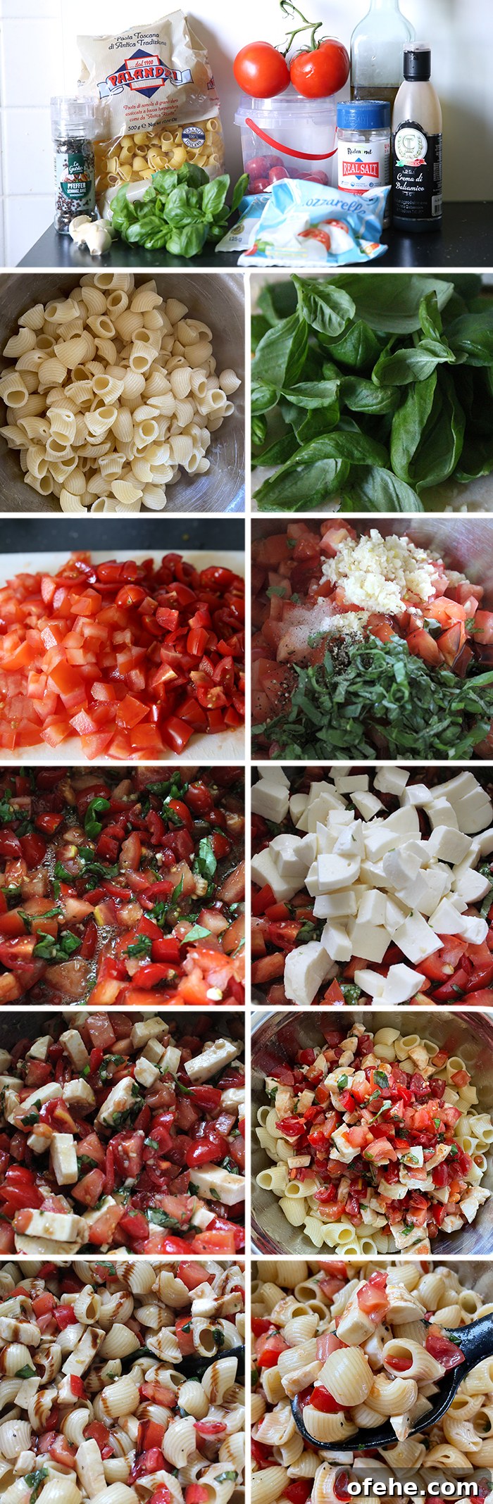 Tomato Basil Bruschetta Pasta Salad Recipe for Summer Meals 4 11-photo picture collage of step-by-step photos for how to make Bruschetta Pasta Salad.