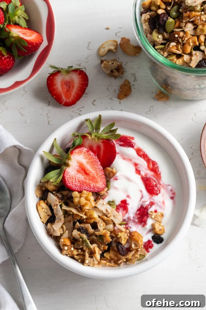 Grain-Free Homemade Granola Recipe with Crunchy Seeds 17 grain free granola yogurt bowl with strawberries.
