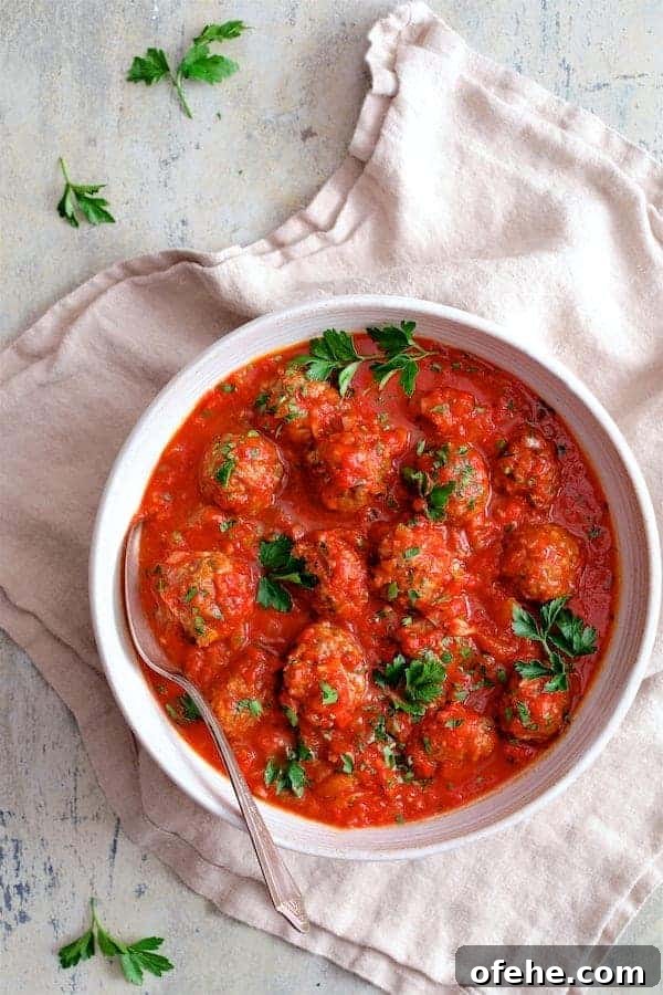 Middle Eastern Meatballs Simmered in Spiced Tomato Sauce 2 Photo of Middle Eastern Meatballs in Tomato Sauce in white serving bowl on beige napkin garnished with parsley.