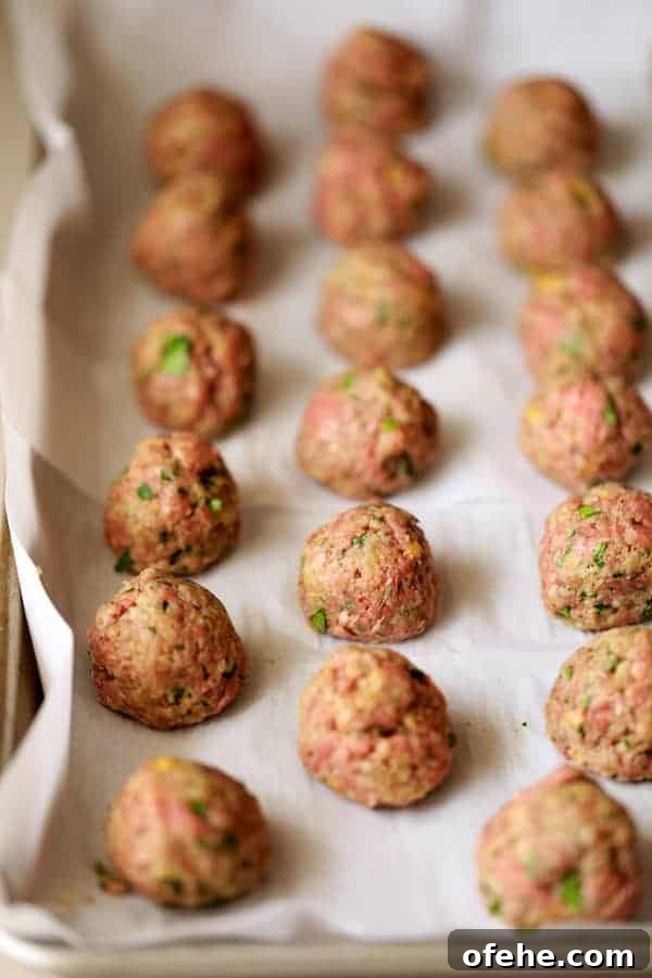 Middle Eastern Meatballs Simmered in Spiced Tomato Sauce 3 Photo of unbaked meatballs on parchment paper lined up in rows.