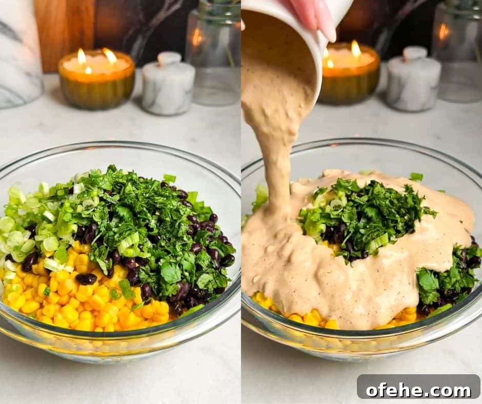 Combine ingredients and pour chipotle-honey-lime dressing over the salad. Corn, black beans, green onions, cilantro, and chicken in a bowl on the left, chipotle honey lime dressing being poured over it on the right