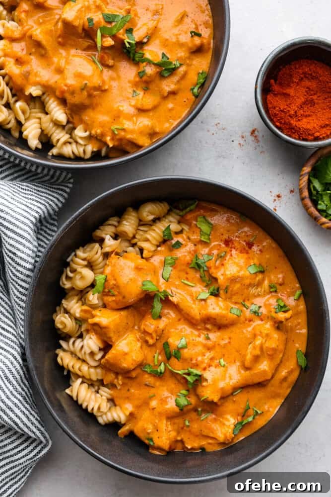 Top view of two bowls with noodles and chicken paprikash.