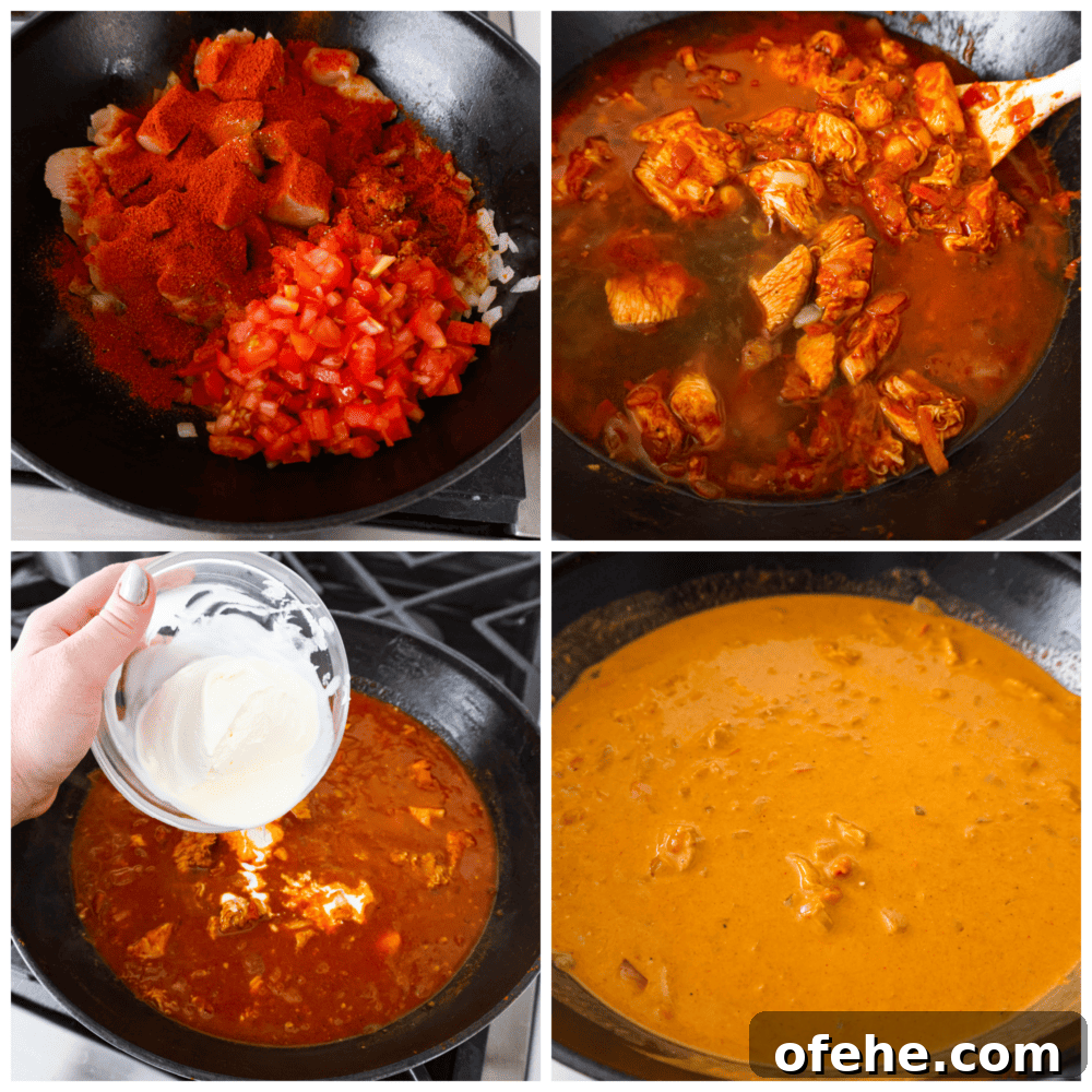 Collage showing the steps of adding ingredients to the pan.