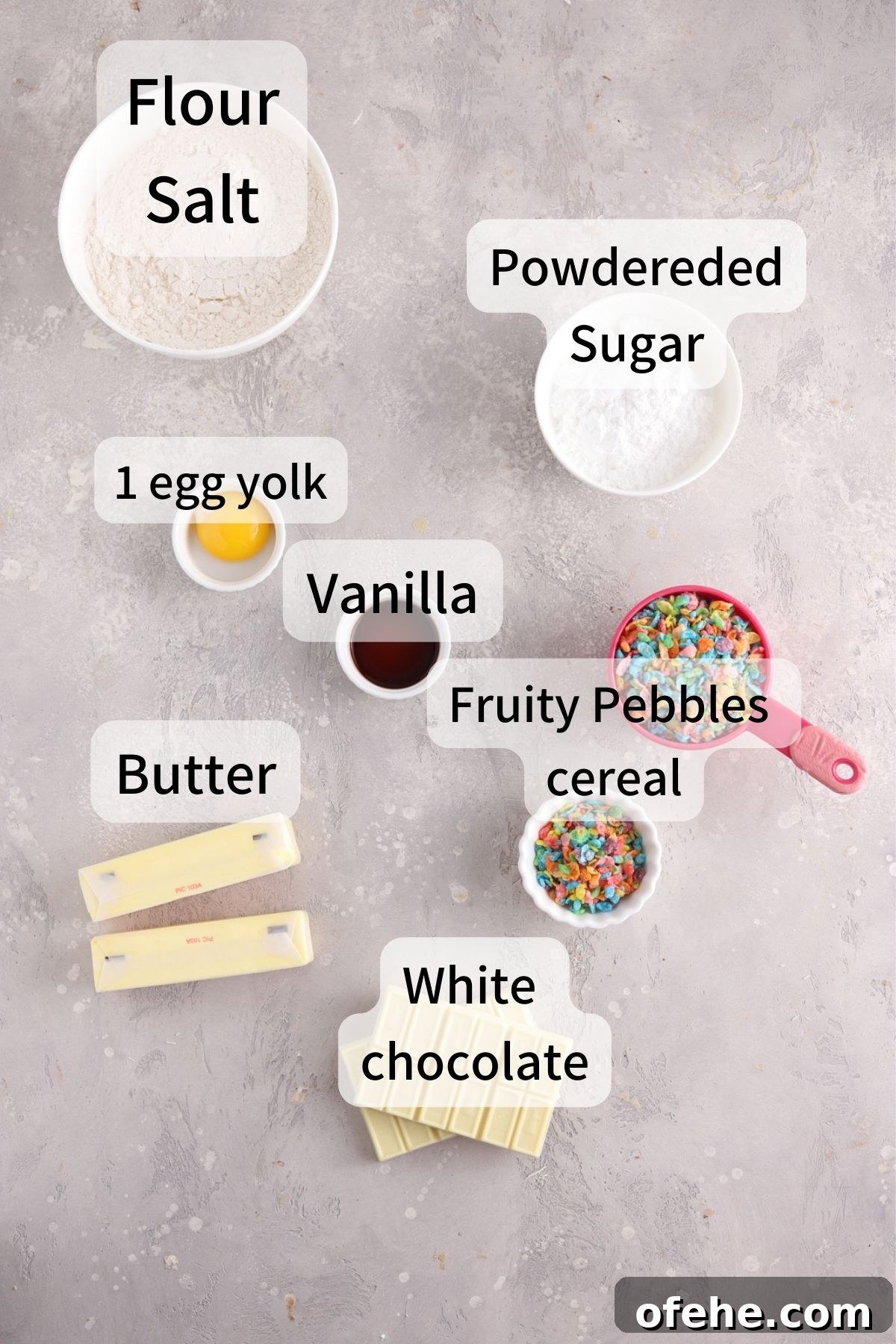 Fruity Pebbles Cookies Recipe: Colorful, Crispy Treats 3 Labeled ingredients needed to make Fruity Pebbles cookies laid out on a table.