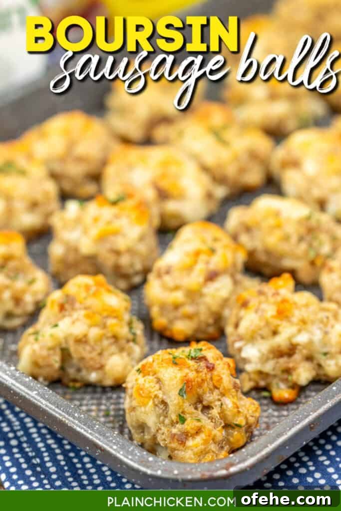 Boursin Cheese Sausage Bites: Garlic Herb Appetizer Recipe 6 baking sheet of sausage balls with text overlay