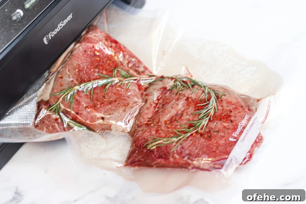 vacuum sealed vide beef round steak with herbs and spices