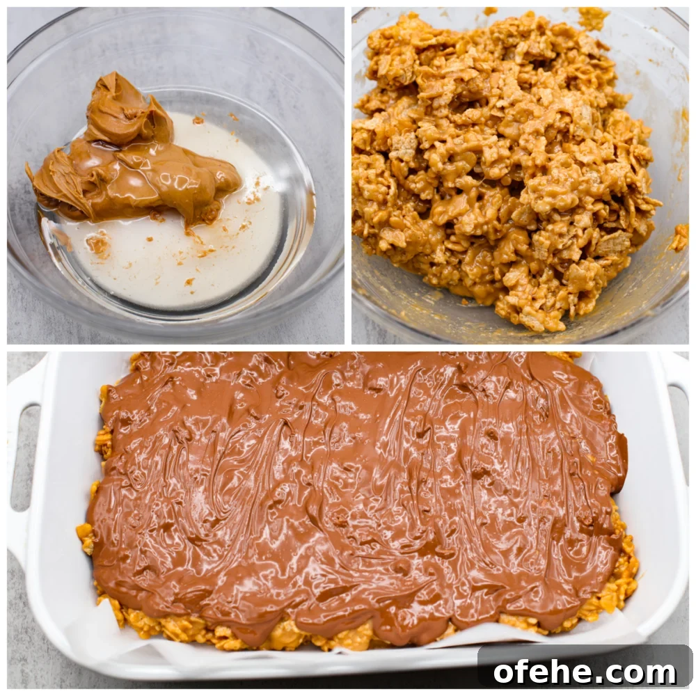 These Special K Bars are a delicious combination of smooth peanut butter, crispy Special K cereal, and a rich chocolate-butterscotch topping. This quick and easy recipe is a sweet treat that will leave you craving more. 3 pictures showing how to mix all of the ingredients together and spread them in a pan. 6