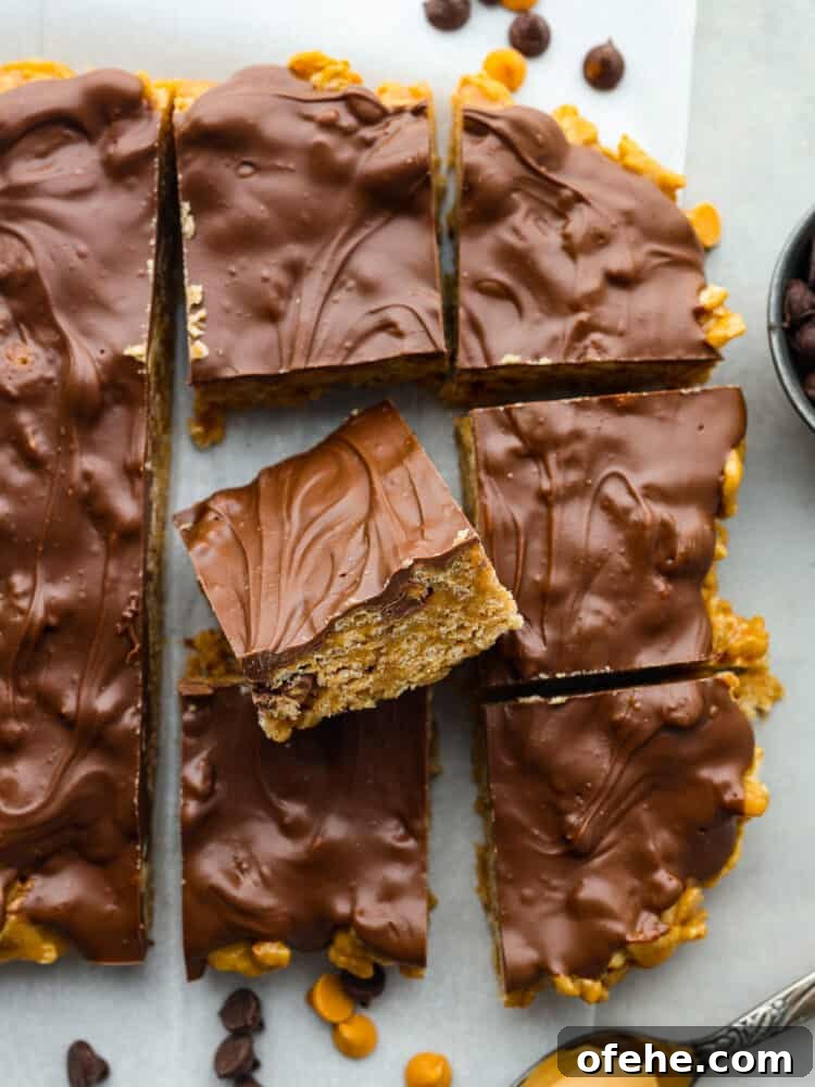 These Special K Bars are a delicious combination of smooth peanut butter, crispy Special K cereal, and a rich chocolate-butterscotch topping. This quick and easy recipe is a sweet treat that will leave you craving more. The top view of Special K bars on some parchment paper.