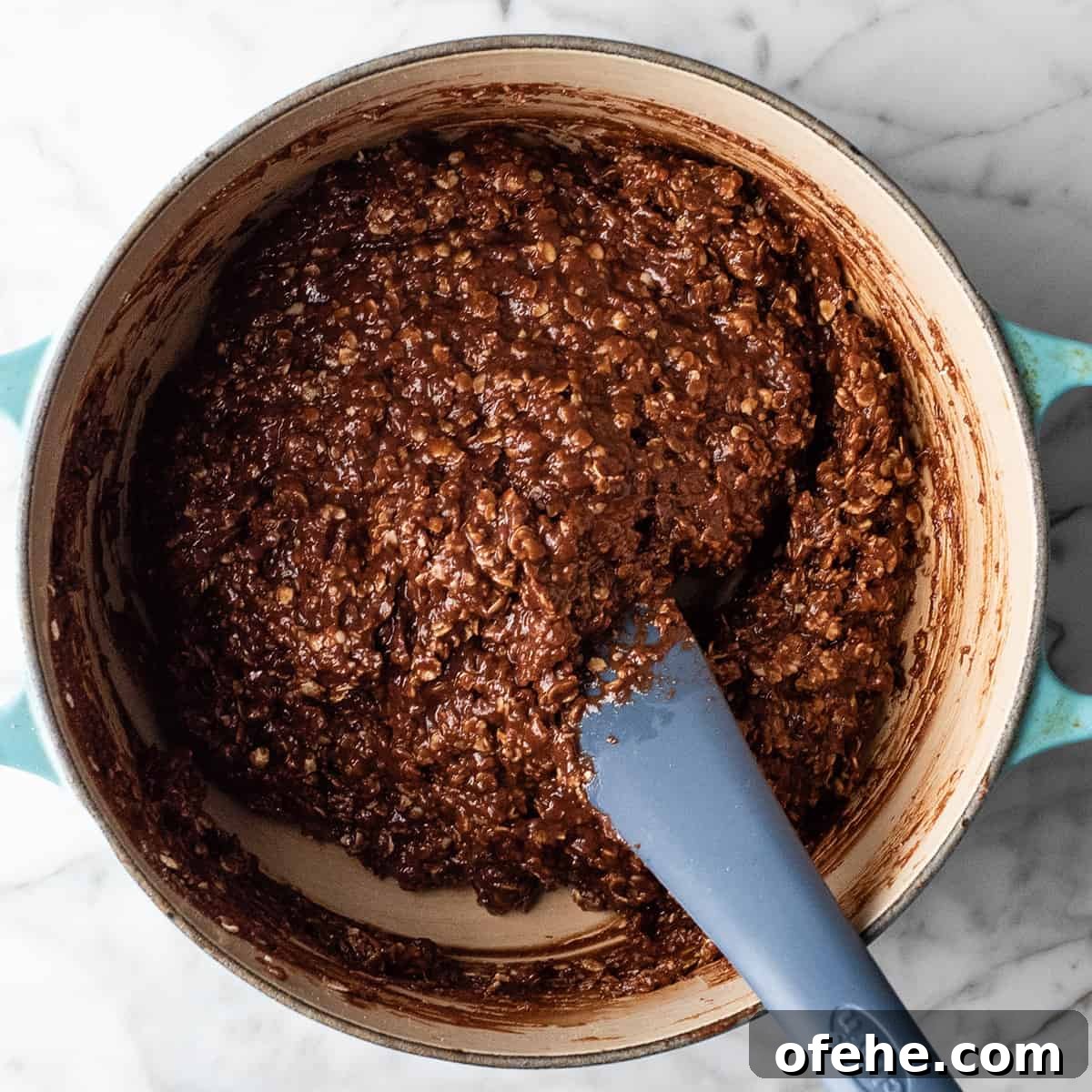 finished no bake cookies mixture in a saucepan 