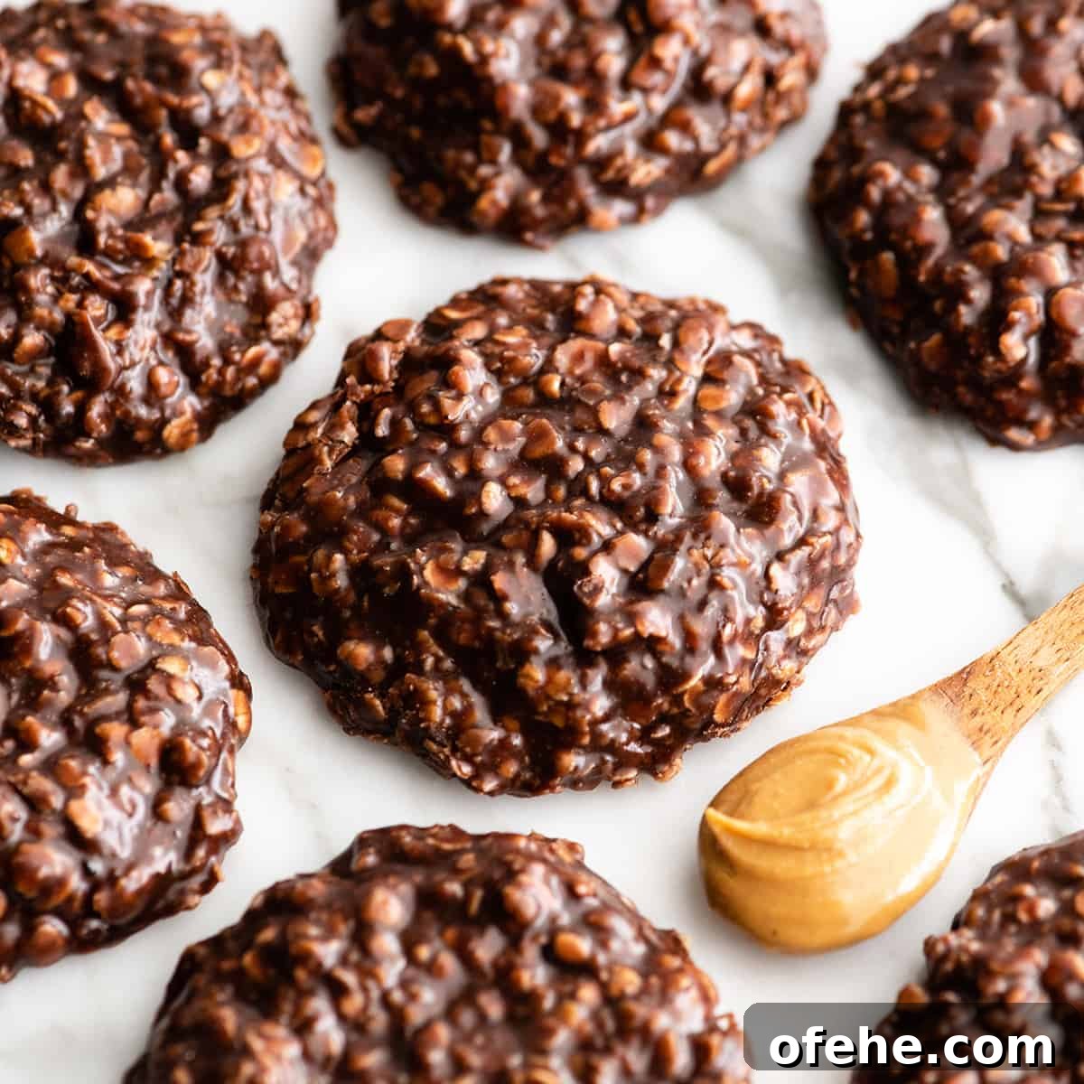 7 chocolate peanut butter no bake cookies on a white surface they look glossy and fudgy, there's a spoon of peanut butter 
