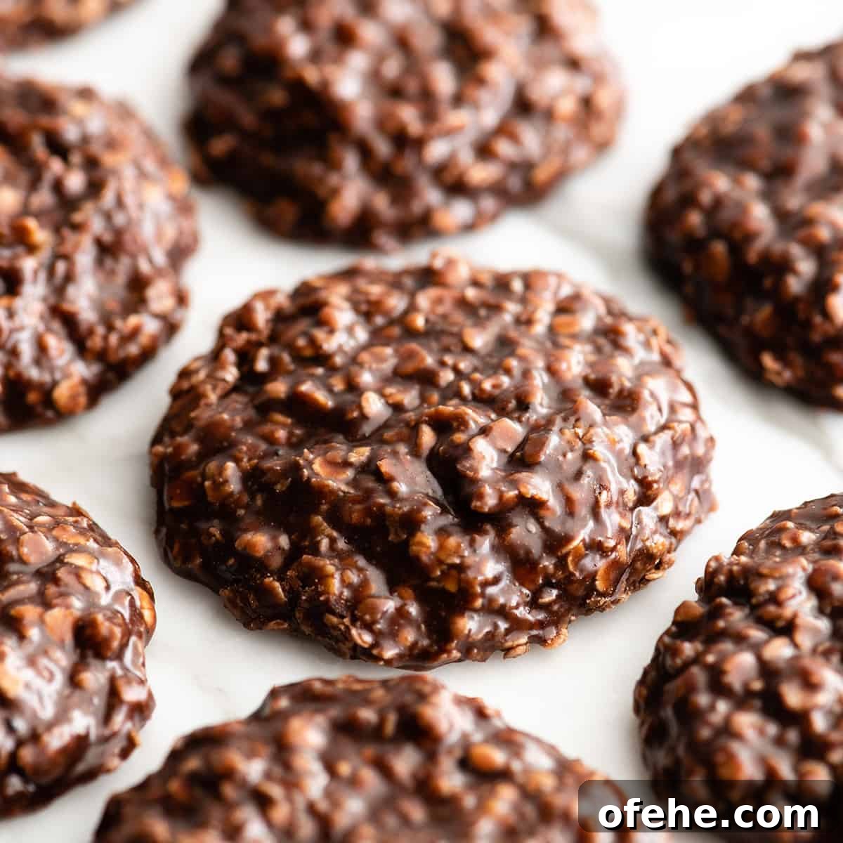 up close photo of a no bake cookie surrounded by 6 others on a white surface, the glossy fudgy texture is visible. 