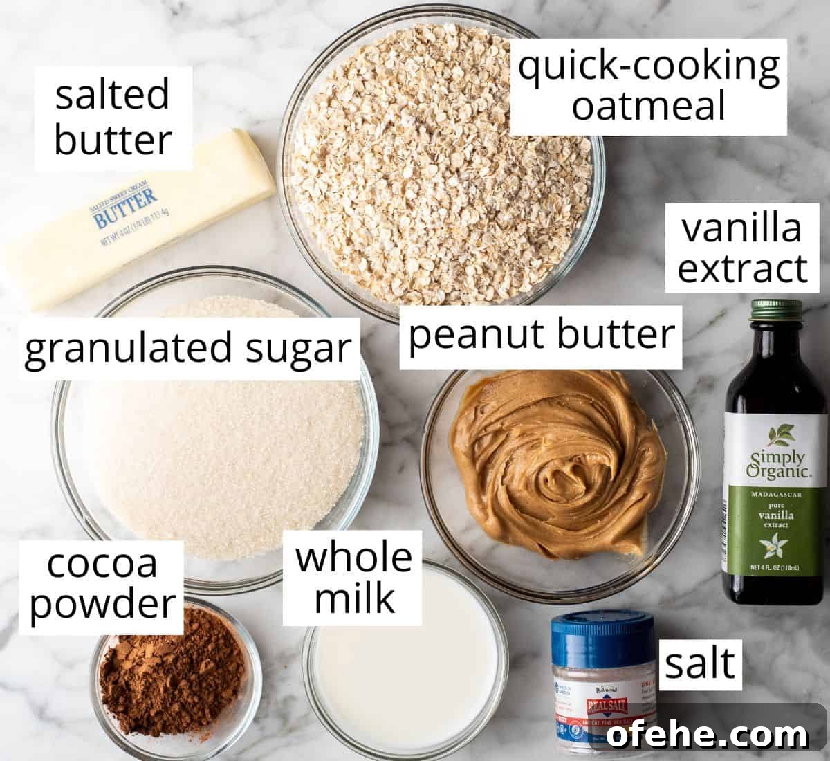 overhead photo of the labeled ingredients in this no bake cookies recipe like butter, oatmeal, vanilla, peanut butter, sugar, milk, salt and cocoa powder 