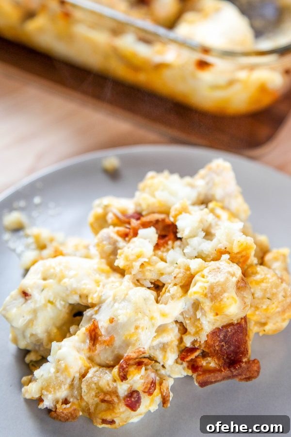 a gray plate with chicken tater tot casserole with cheese and bacon.