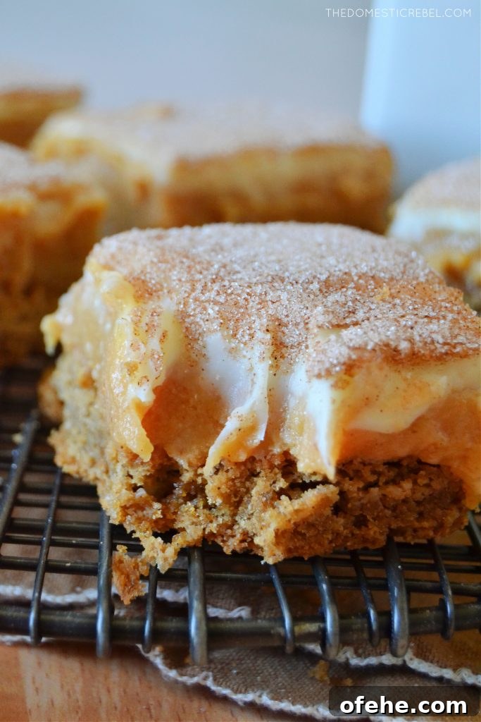closeup of a caramel snickerdoodle bar with a bite missing from it 