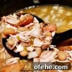 Smoked White Chicken Chili on black spoon in dutch oven