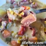 Smoked salmon chowder in a white bowl with a spoon full over the bowl