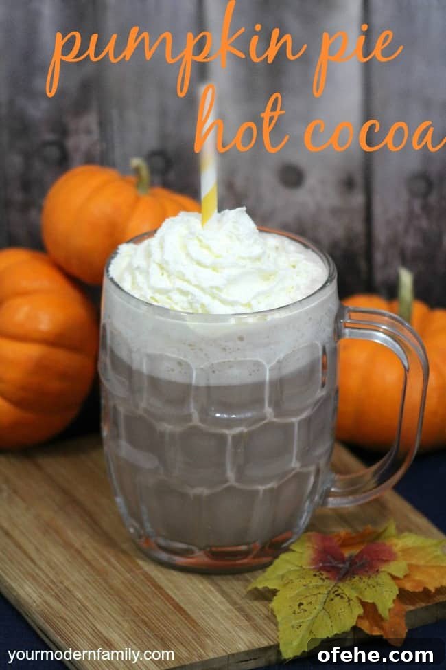 Pumpkin Pie Hot Chocolate Recipe — Cozy Spiced Drink Guide 5 A glass mug of Pumpkin Pie Hot Chocolate with pumpkins resting behind it with text above it.