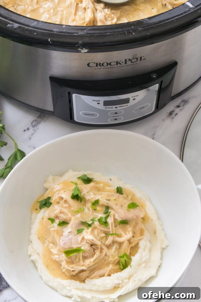 Slow-Cooker Chicken with Rich Homemade Gravy Recipe 7 crock pot chicken and gravy served over mashed potatoes