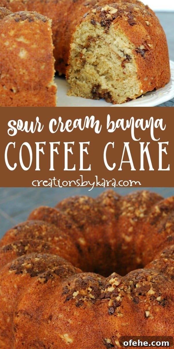 You'll love this recipe for Banana Coffee cake with chocolate and nut topping! Sour cream banana coffee cake recipe collage