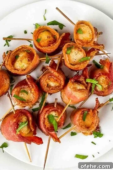 Air fried scallops wrapped in bacon on a white plate, garnished with fresh parsley.