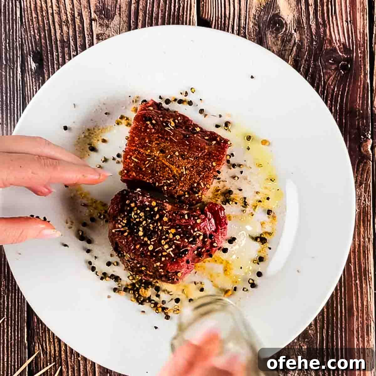 Crispy Bacon-Wrapped Filet Mignon in the Air Fryer 6 A hand sprinkling on the beef dry rub all over the steaks.